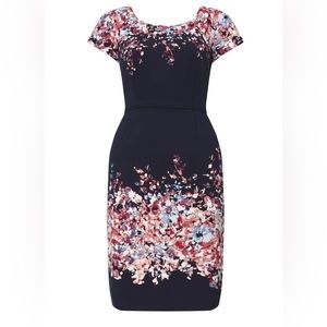 Adrianna Papell Navy and Floral Knee-Length Dress Size 14